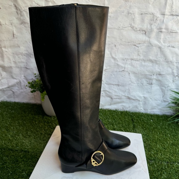 TORY BURCH Sofia Black Leather Knee-High Tall Wedge Boots Size 5 Riding boots - Picture 10 of 11